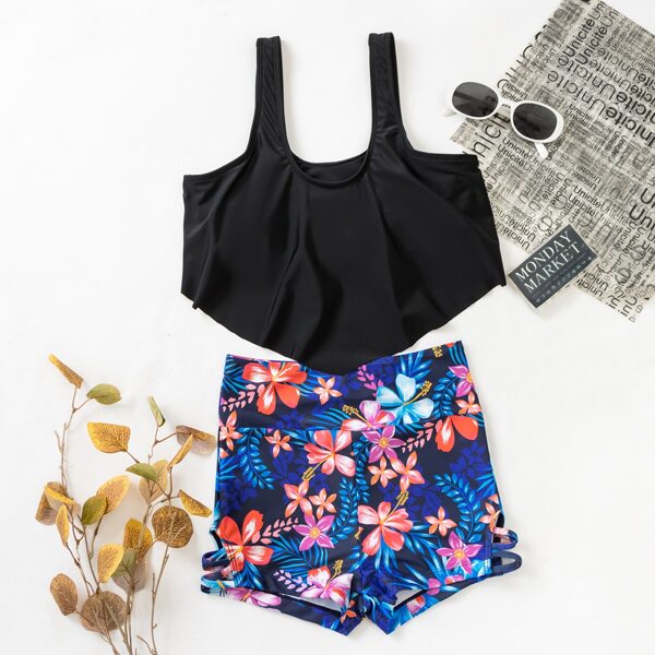 

Floral Print Hanky Hem Shorts Bikini Swimsuit, Multicolor