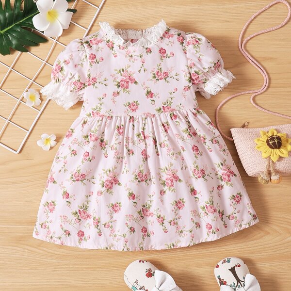 

Baby Girl Floral Lace Insert Puff Sleeve Babydoll Dress Without Bag, Multicolor