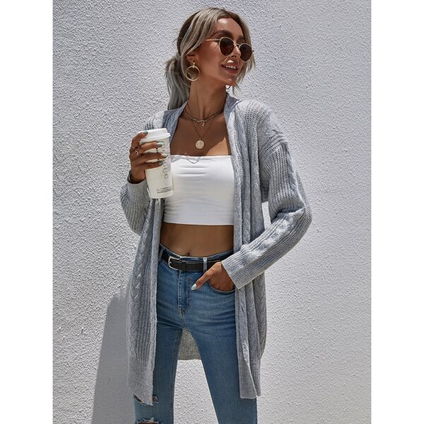 

Open Front Cable Knit Cardigan, Grey