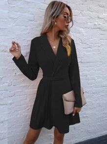 Vestido Botón Tablas Liso Elegante - Negro - Ver 1