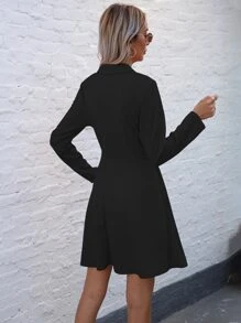 Vestido Botón Tablas Liso Elegante - Negro - Ver 2