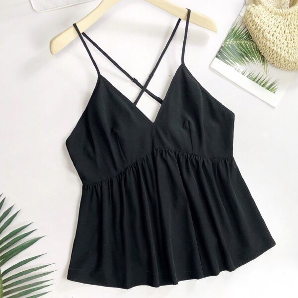 

Plus Solid Criss Cross Cami Top, Black