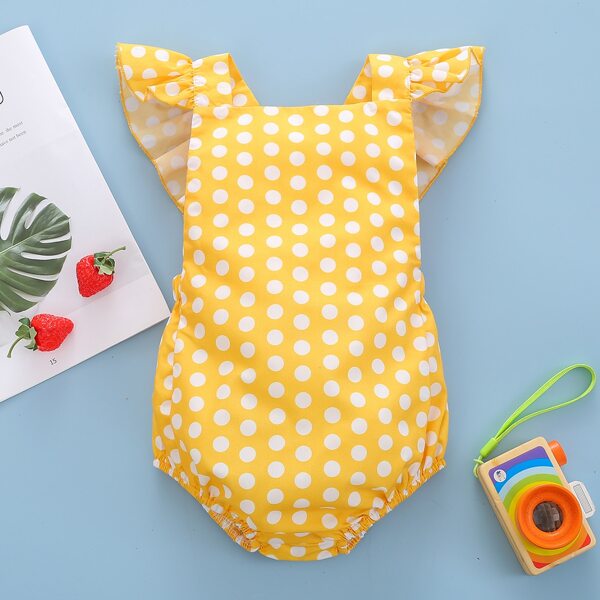 

Baby Girl Polka Dot Ruffle Trim Overall Bodysuit, Yellow