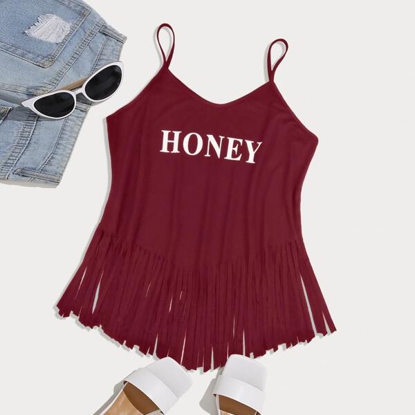 

Plus Letter Graphic Fringe Hem Cami Top, Burgundy