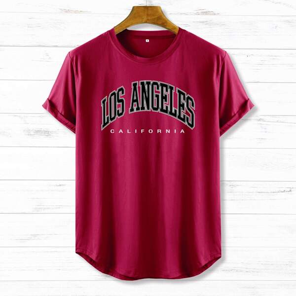 

Men Letter Graphic Curved Hem Tee, Burgundy