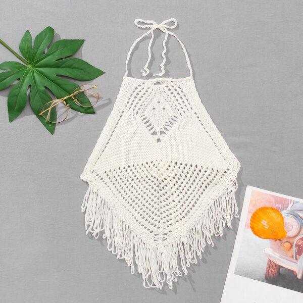 

Fringe Hem Crochet Cover Up Top, White