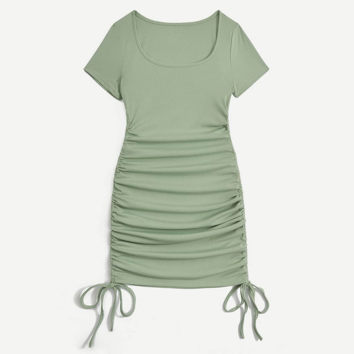 Solid Drawstring Ruched Ribbed Dress, Mint green