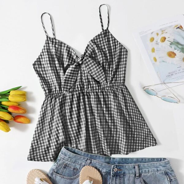 

Plus Knot Front Gingham Cami Top, Black and white