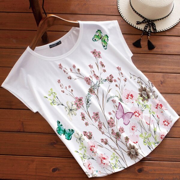 

Plus Butterfly And Floral Print Tee, White