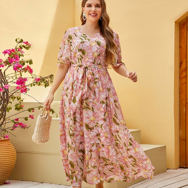 

Plus Floral Print Butterfly Sleeve Ruffle Hem Belted Dress, Pink