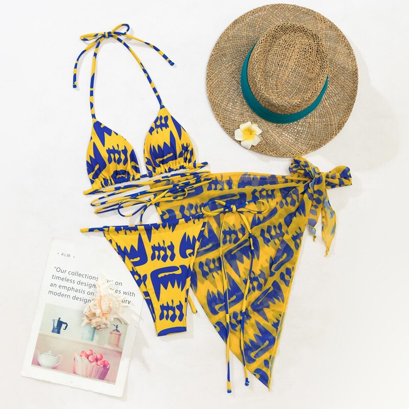 

3pack Allover Print Bikini Swimsuit & Beach Skirt, Multicolor