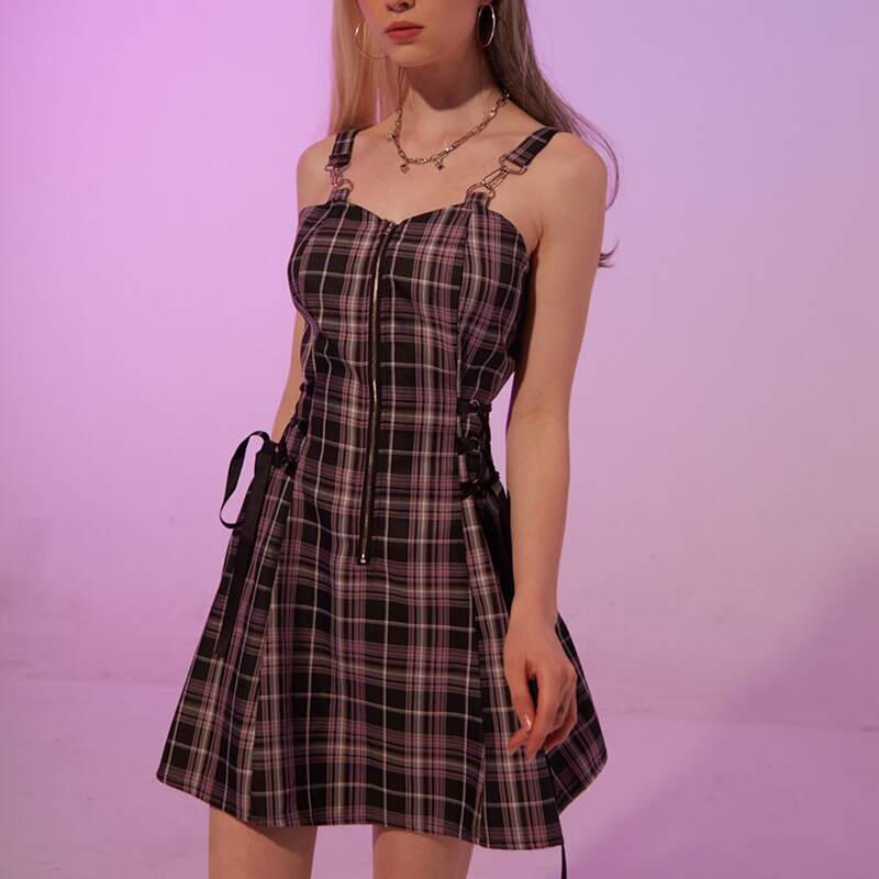 

Plaid Lace Up Button Dress, Multicolor