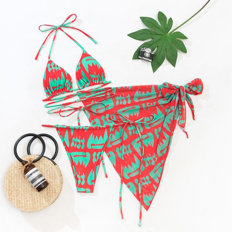 

3pack Allover Print Bikini Swimsuit & Beach Skirt, Multicolor