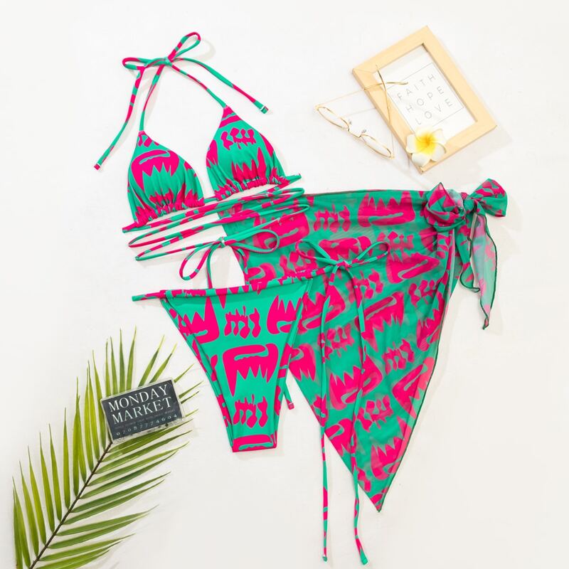 

3pack Allover Print Bikini Swimsuit & Beach Skirt, Multicolor