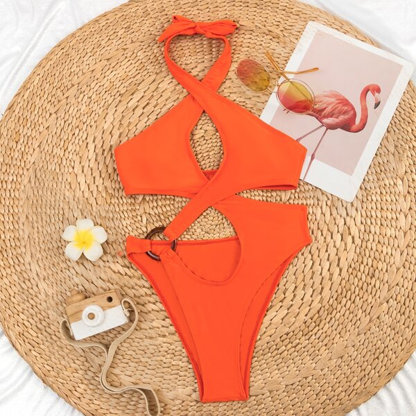 

Cut-out Crisscross One Piece Swimsuit, Orange