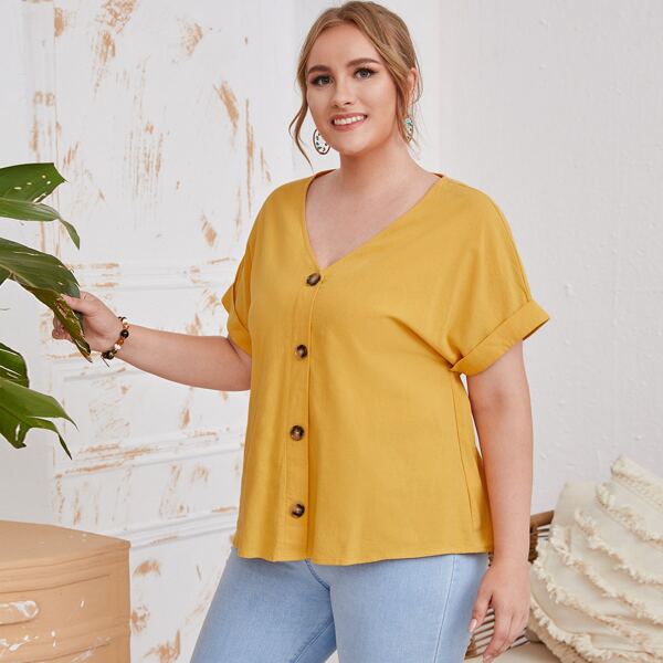 

Plus Rolled Cuff Button Front Blouse, Yellow