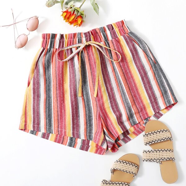 

Plus Paperbag Waist Striped Shorts, Multicolor