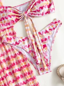 SHEIN Swim 夏季海滩扎染比基尼套装前结式抹胸文胸上衣和高腰比基尼下装和罩衫裤 3 件套比基尼