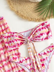 SHEIN Swim 夏季海滩扎染比基尼套装前结式抹胸文胸上衣和高腰比基尼下装和罩衫裤 3 件套比基尼