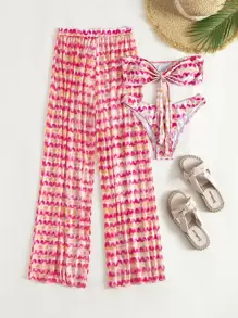 SHEIN Swim 夏季海滩扎染比基尼套装前结式抹胸文胸上衣和高腰比基尼下装和罩衫裤 3 件套比基尼