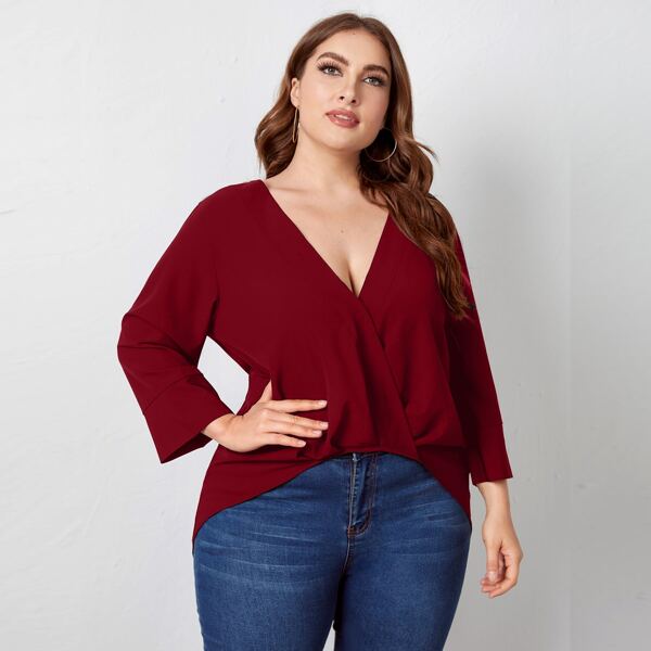 

Plus Solid Surplice Front Longline Blouse, Red