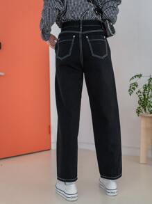 DAZY Contrast Topstitching Straight Leg Jeans - Black - View 2