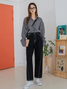 DAZY Contrast Topstitching Straight Leg Jeans - Black - View 3