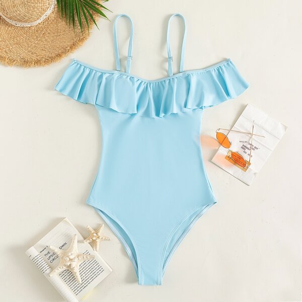 

Ruffle Trim One Piece Swimsuit, Baby blue