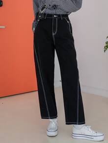 DAZY Contrast Topstitching Straight Leg Jeans - Black - View 6
