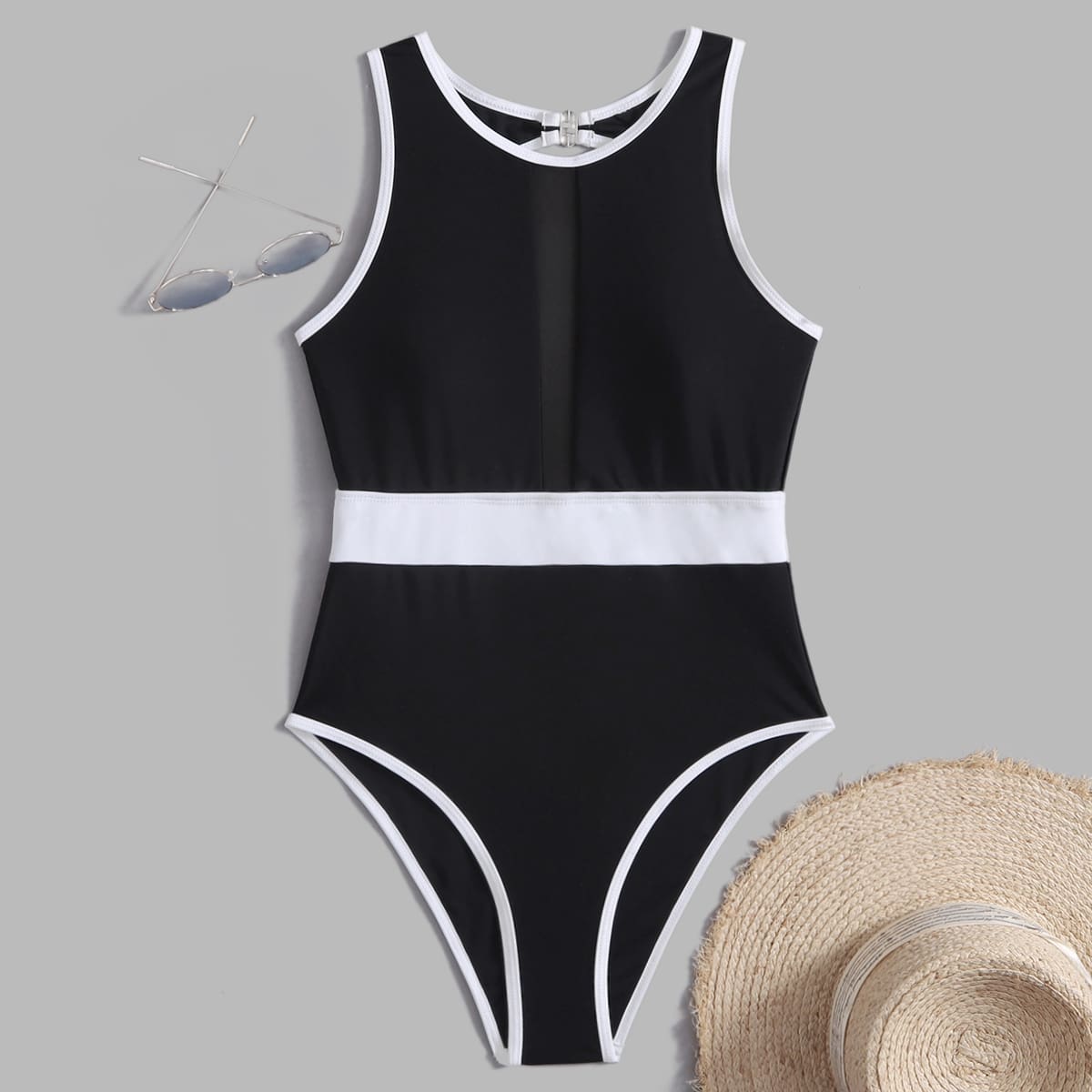 

Contrast Binding One Piece Swimsuit, Black and white