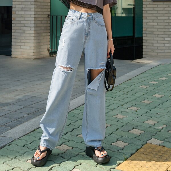 

Ripped Solid Wide Leg Jeans, Light wash