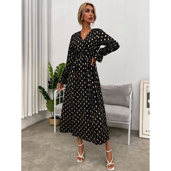 

Gilding Print Surplice Front Flounce Sleeve Dress, Black