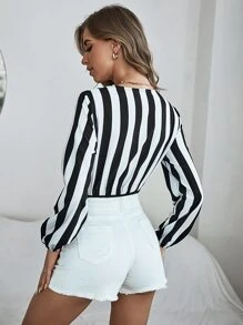 SHEIN LUNE Striped Surplice Front Bodysuit - Black and White - View 2