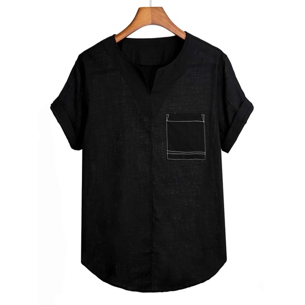 

Men Topstitching Notch Neck Shirt, Black