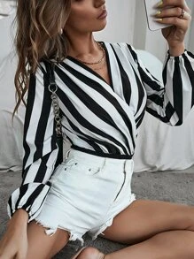 SHEIN LUNE Striped Surplice Front Bodysuit - Black and White - View 6