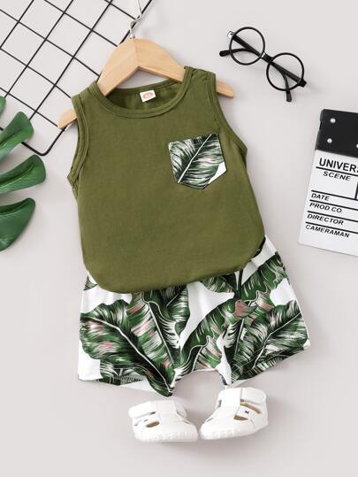 Baby Boy Patched Tank Top With Tropical Print Shorts
