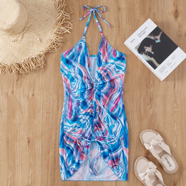 

Marble Print Drawstring Front Halter Cover Up, Multicolor