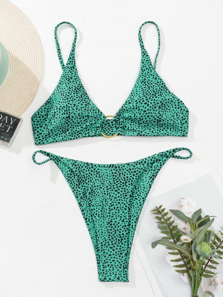 Dalmatian Print Ring Linked Top & Thong Bikini Set, For Summer Beach Vacation - Blue - View 4