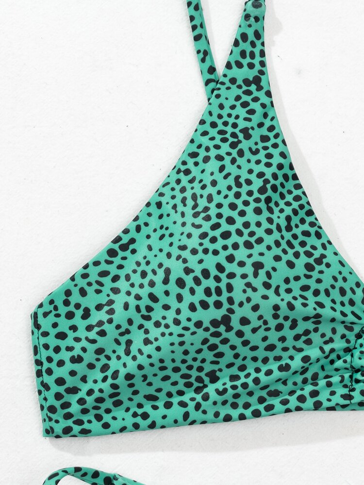 Dalmatian Print Ring Linked Top & Thong Bikini Set, For Summer Beach Vacation - Blue - View 7