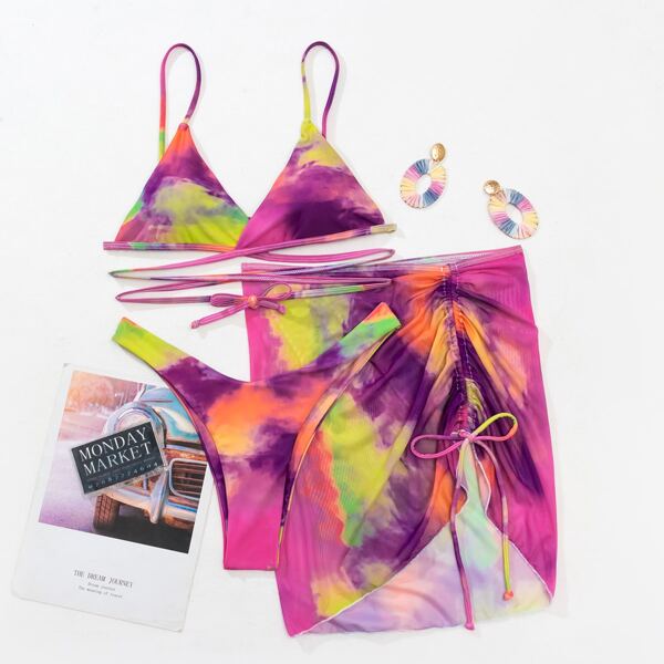 

3pack Tie Dye Bikini Swimsuit & Cover Up, Multicolor