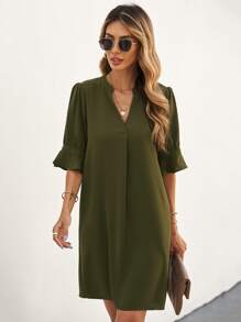 SHEIN LUNE Notched Neck Flounce Sleeve Tunic Dress - Army Green - View 1