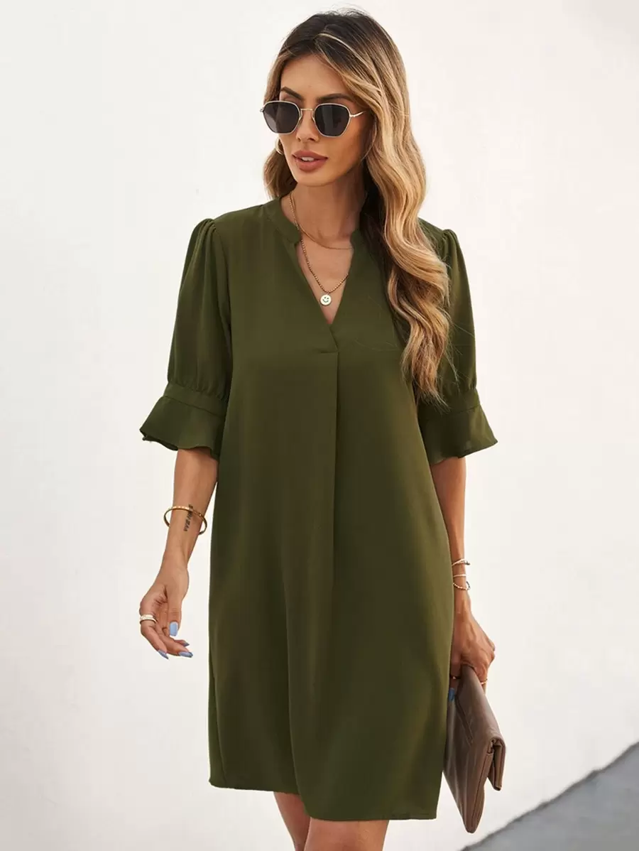 SHEIN LUNE Notched Neck Flounce Sleeve Tunic Dress - Army Green - View 1