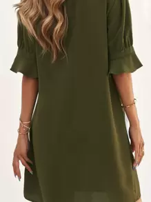 SHEIN LUNE Notched Neck Flounce Sleeve Tunic Dress - Army Green - View 3