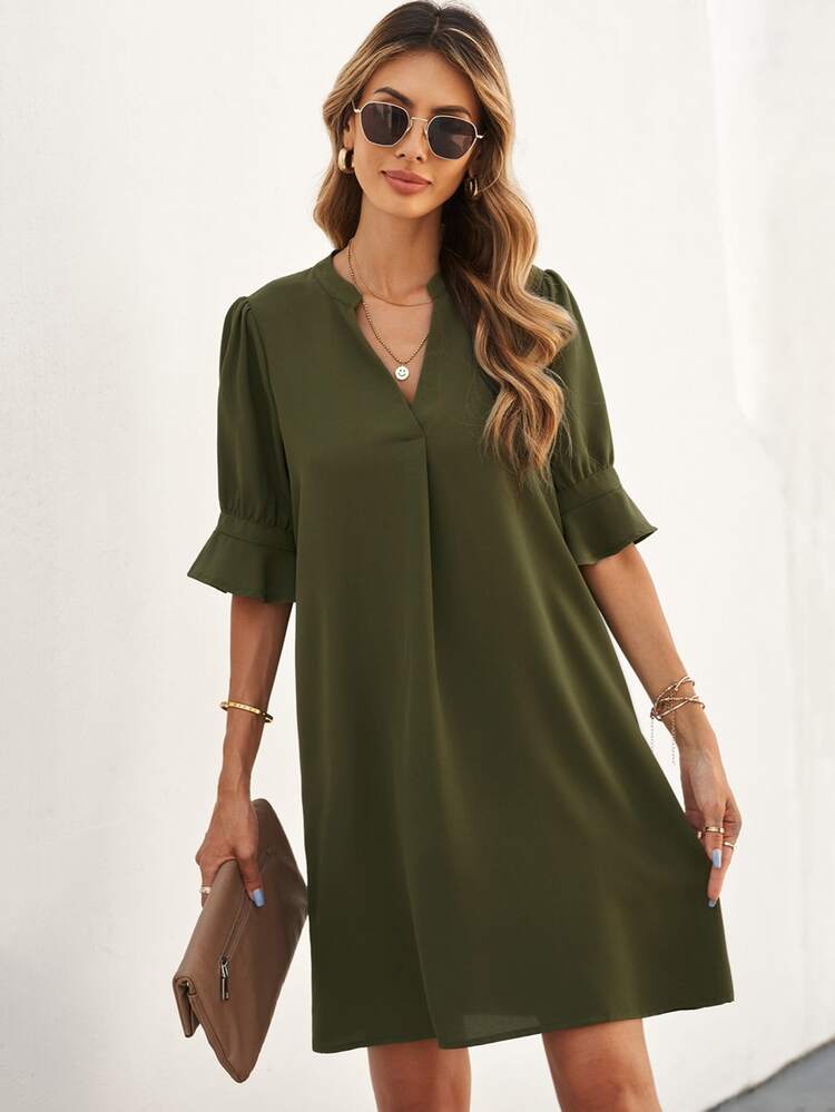 SHEIN LUNE Notched Neck Flounce Sleeve Tunic Dress - Army Green - View 5