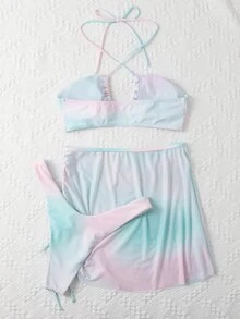 3packs Ombre Halter Bikini & Beach Skirt - Multicolor - View 2