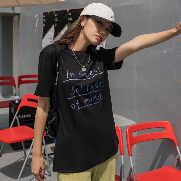 

Slogan Graphic Crew Neck Longline Tee, Black