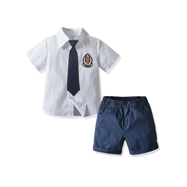 

Toddler Boys Badge Patched Tie Shirt With Shorts, Blue and white
