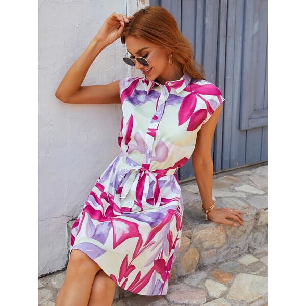 

Button Front Belted Graphic Print Shirt Dress, Multicolor