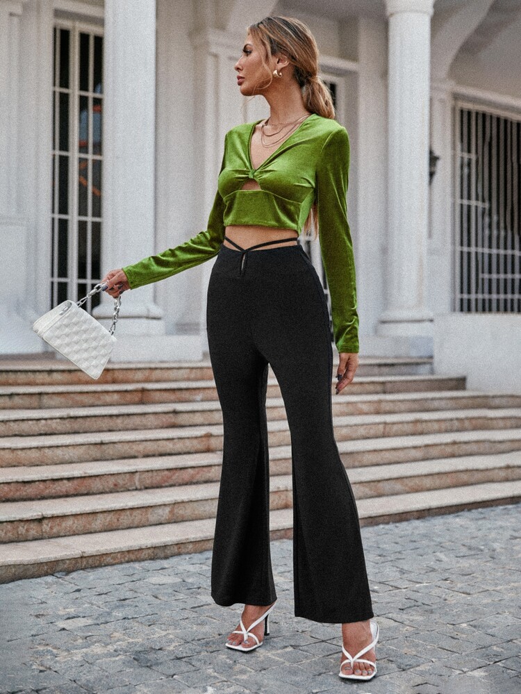 Solid Tie Front Top - Green - View 4