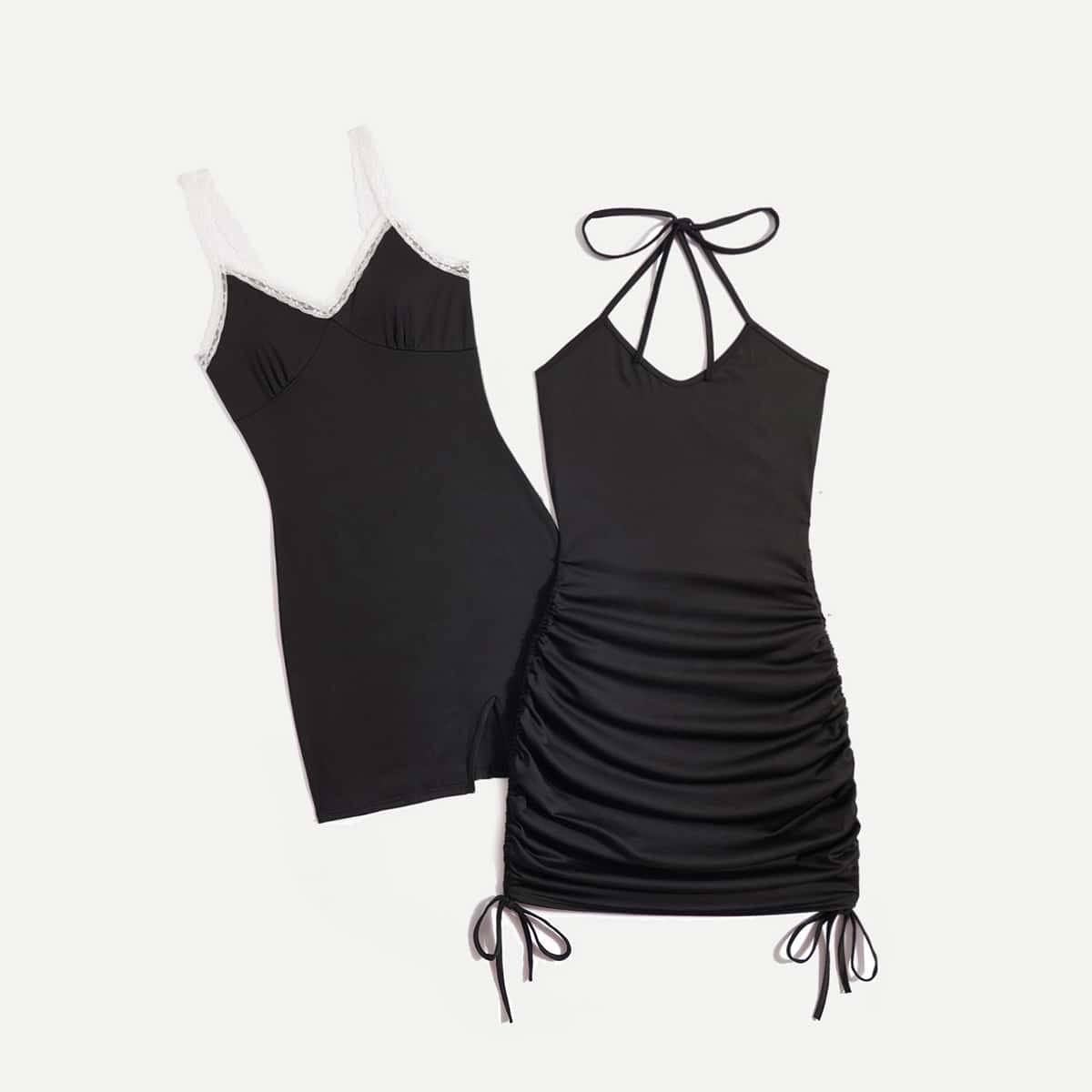 

1pc Contrast Lace Cami Dress & 1pc Solid Drawstring Ruched Halter Dress, Black